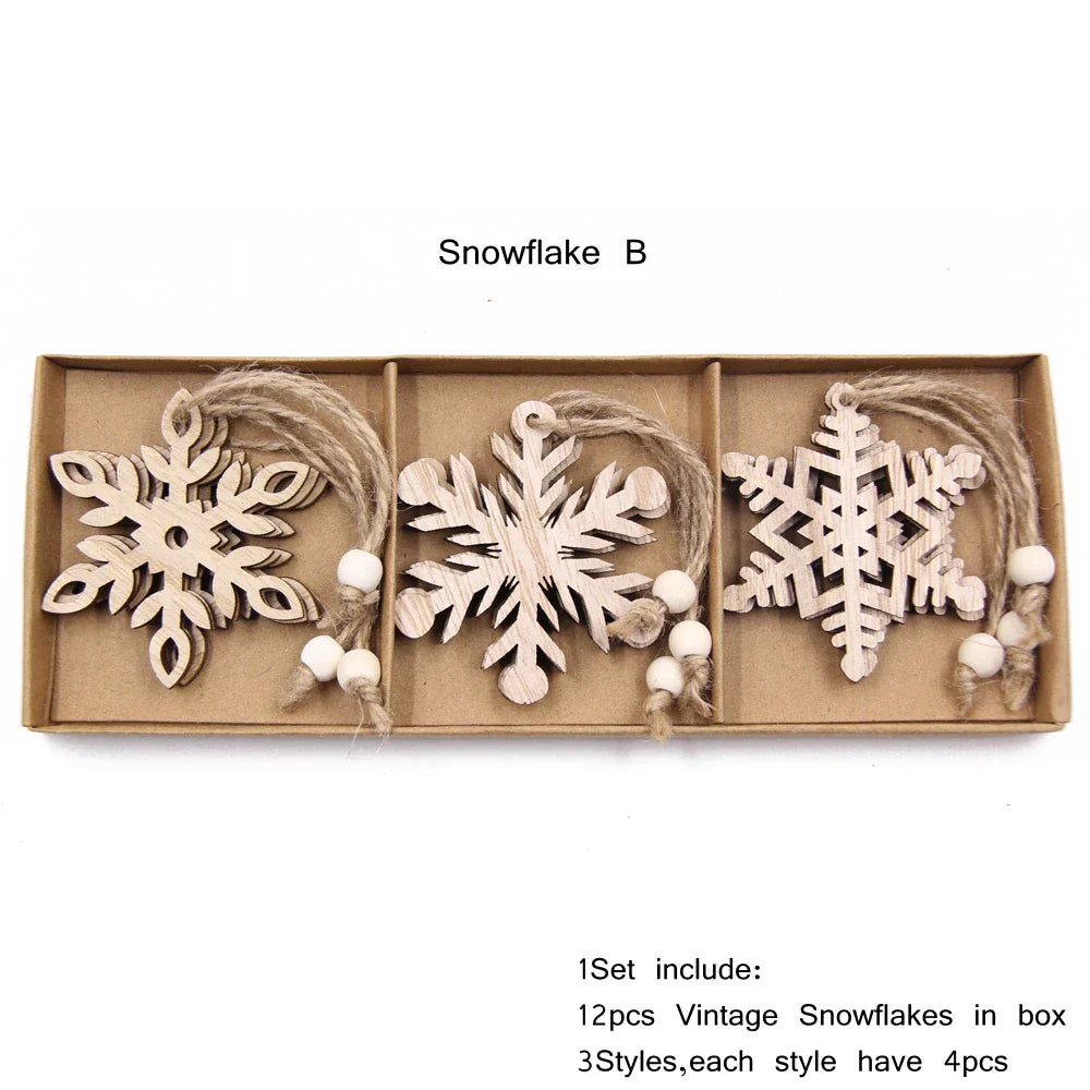 Vintage Wooden Snowflake Ornament Set (12pcs)