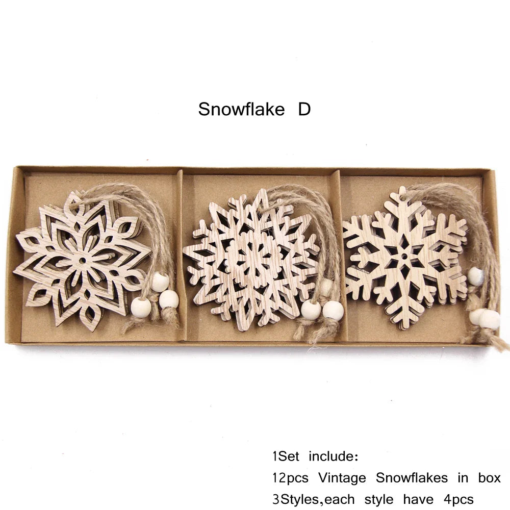 Vintage Wooden Snowflake Ornament Set (12pcs)