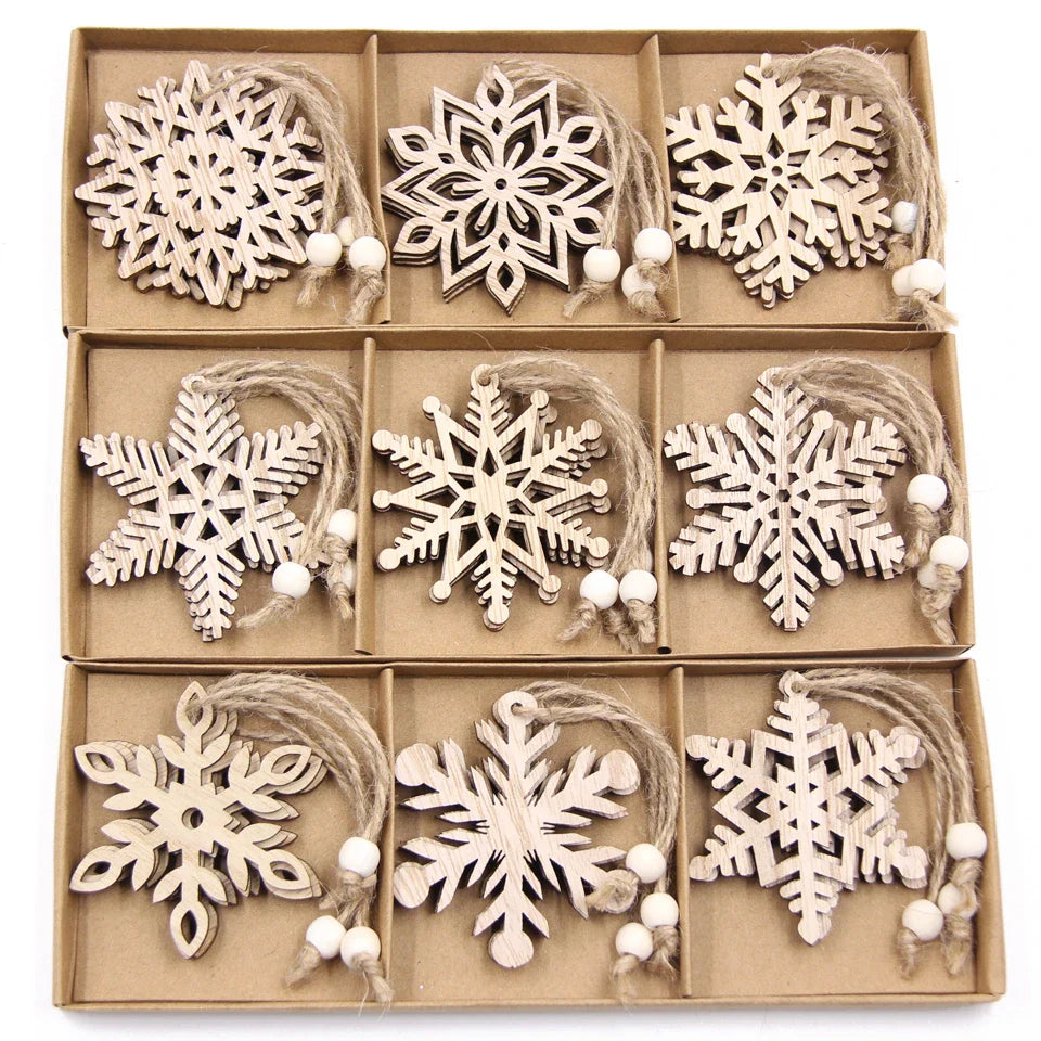 Vintage Wooden Snowflake Ornament Set (12pcs)