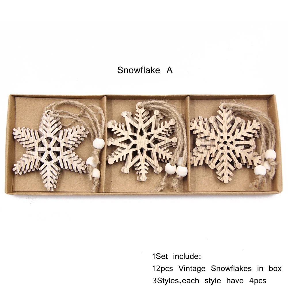 Vintage Wooden Snowflake Ornament Set (12pcs)