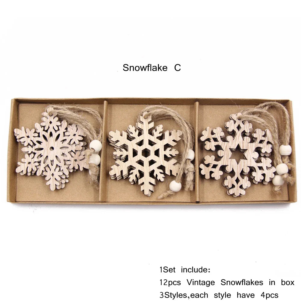 Vintage Wooden Snowflake Ornament Set (12pcs)