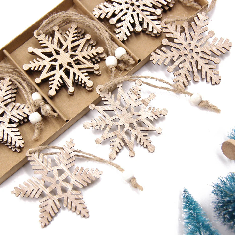 Vintage Wooden Snowflake Ornament Set (12pcs)