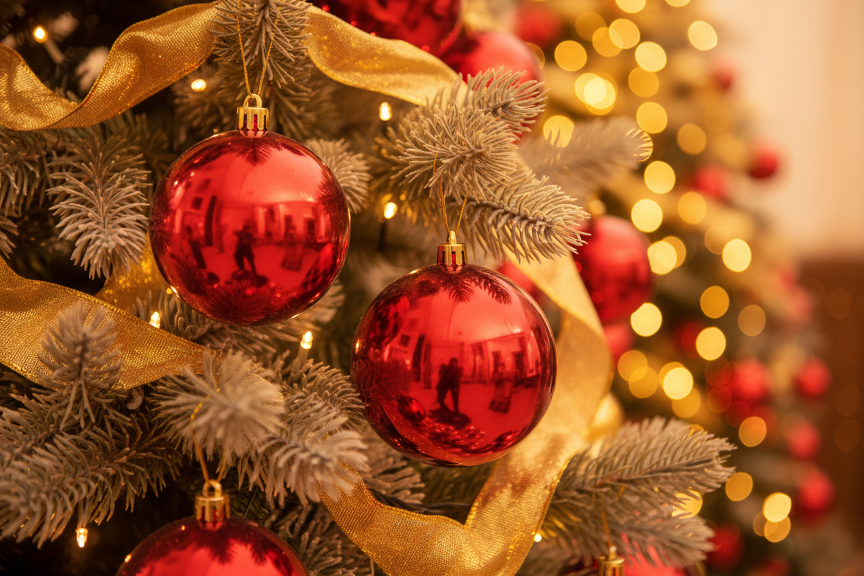 A close up of a cosy christmas tree with red baubles