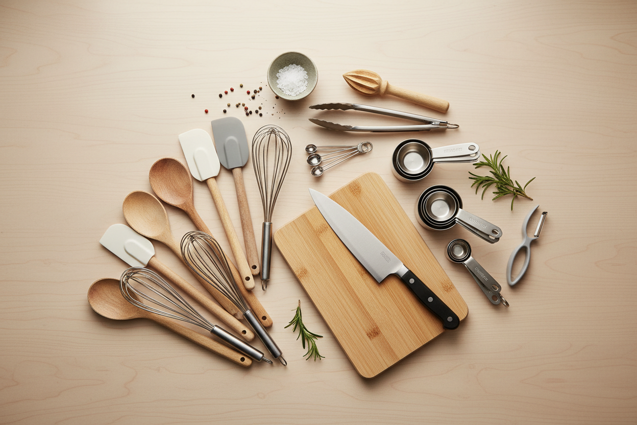 kitchen tools birds eye view on table, stylish 